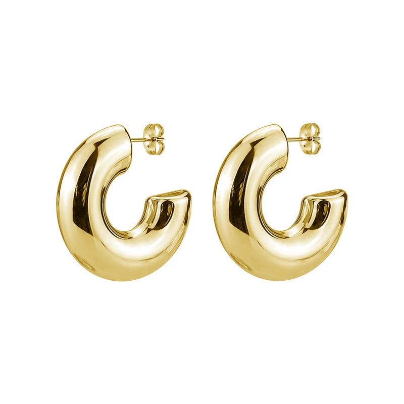 Gold hoop earrings with '25mm' label on a white background