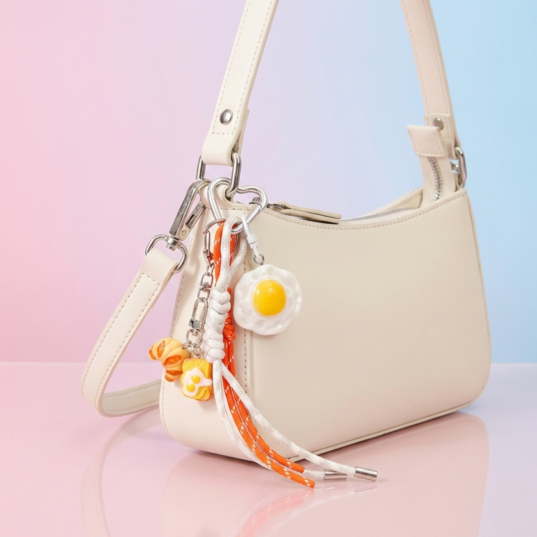 Beige handbag with a decorative keychain on a pastel background