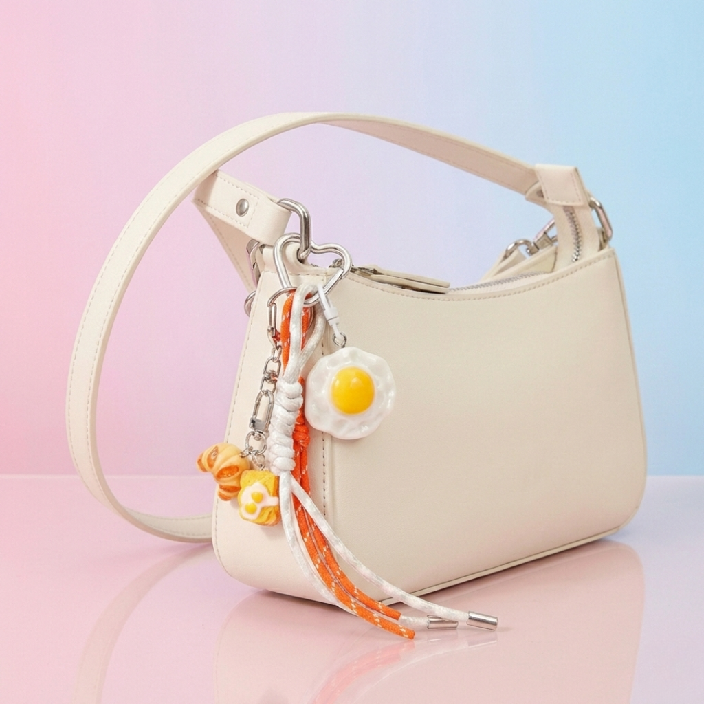 Beige handbag with floral keychain on a pastel background