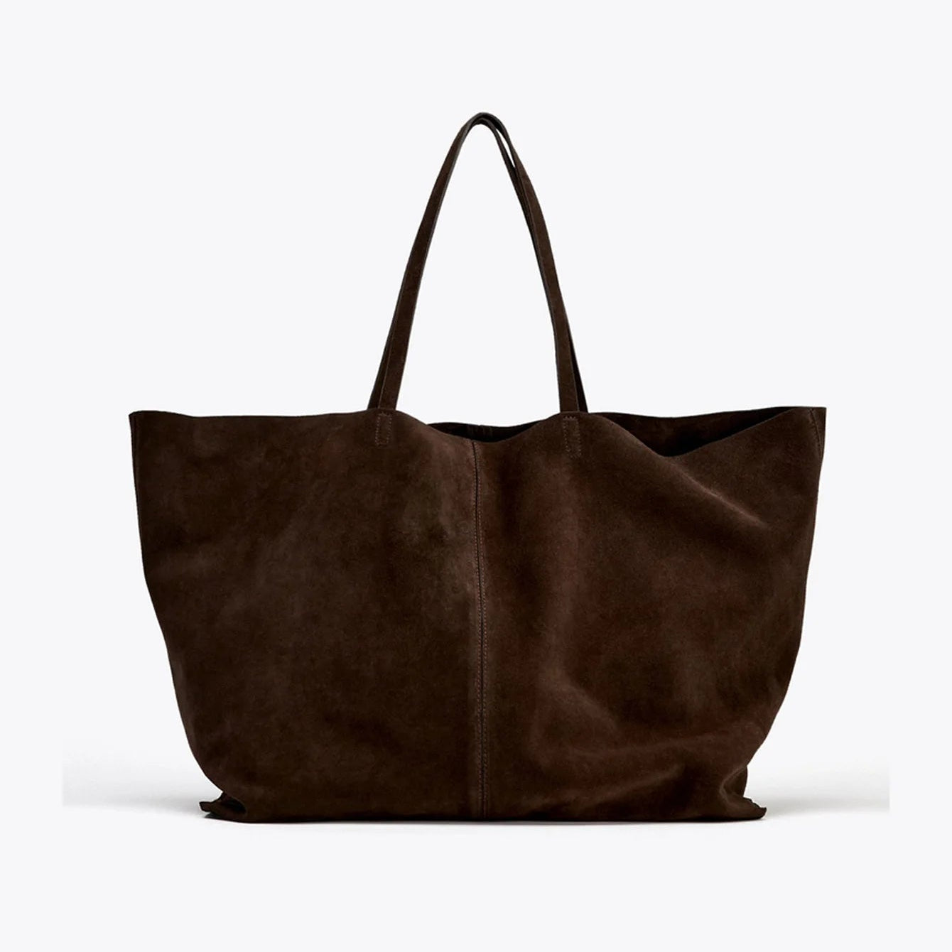 Brown suede tote bag on a white background