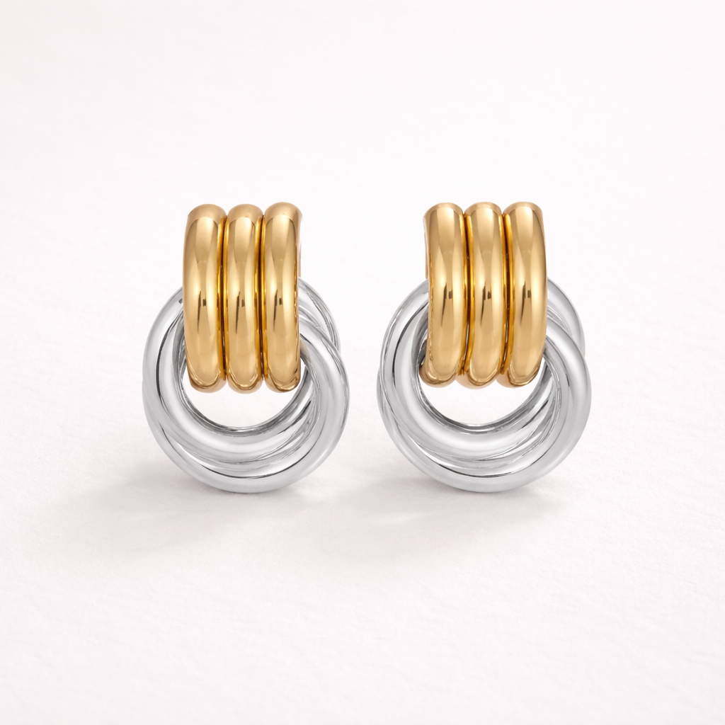 Cassandra Mixed Metal Earrings | Interlocking Gold & Silver Stainless Steel Hoops