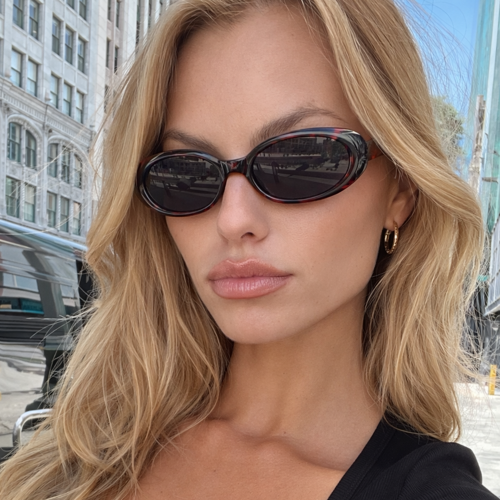 Woman wearing sunglasses with a cityscape background