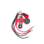 Keychain charm featuring miniature weight plates, black kettlebell, and red boxing glove components, linked with red and black patterned cords.