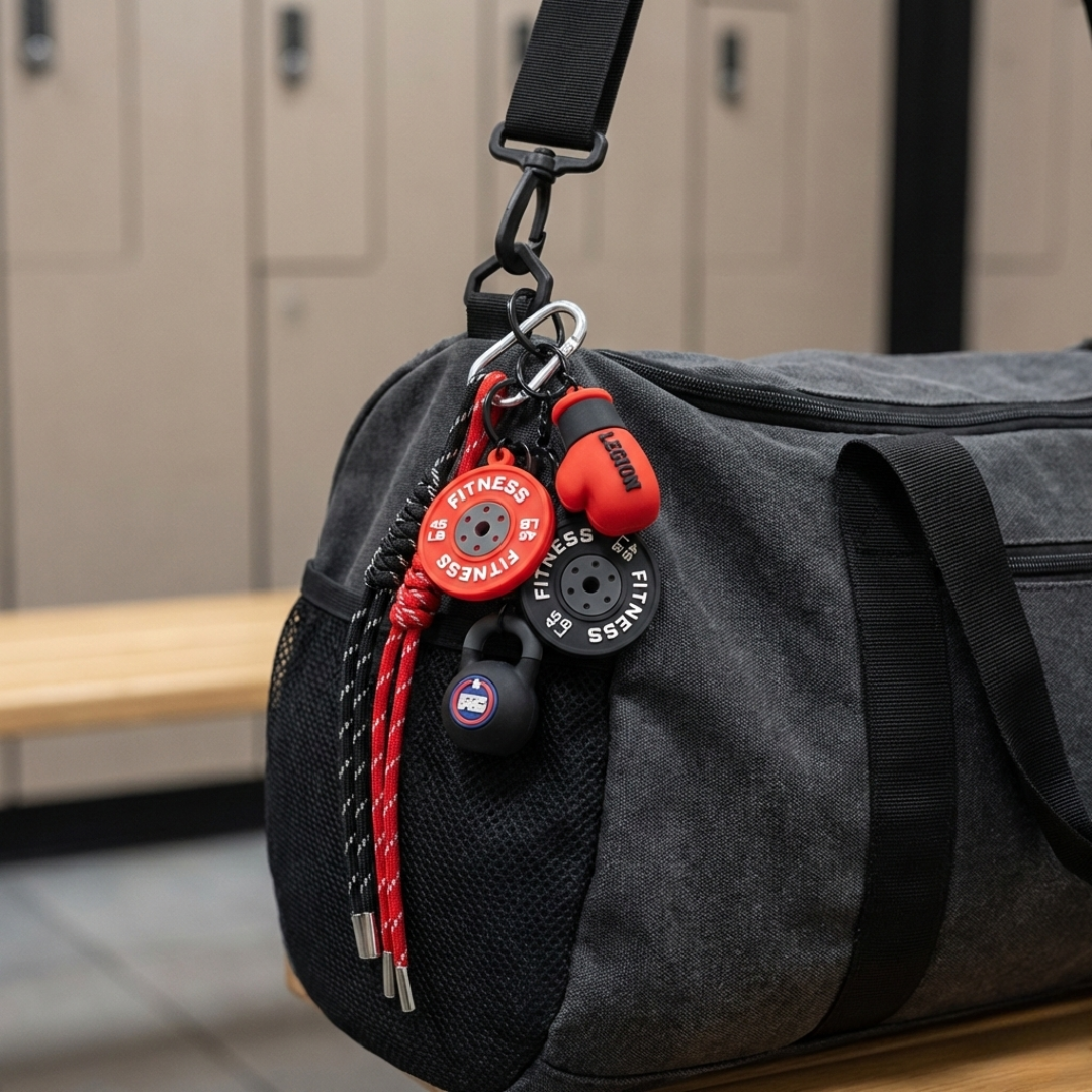 Gray duffel bag with fitness equipment attached in a locker room setting