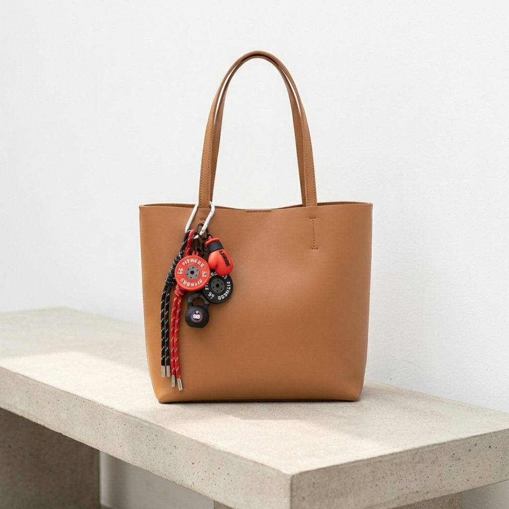 Brown leather tote bag with decorative straps on a light surface