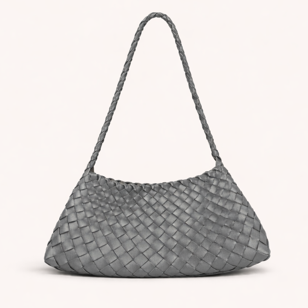 Gray woven handbag on a white background