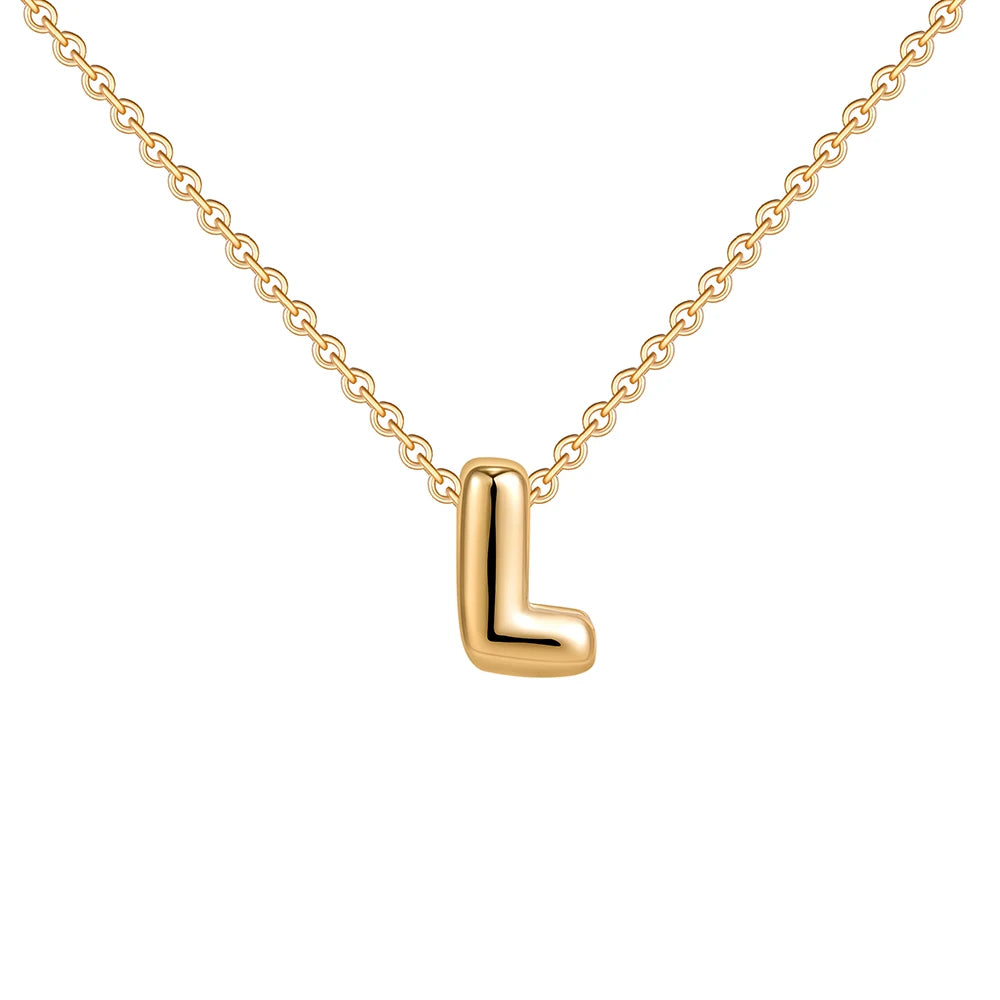Gold necklace with a letter 'L' pendant on a white background