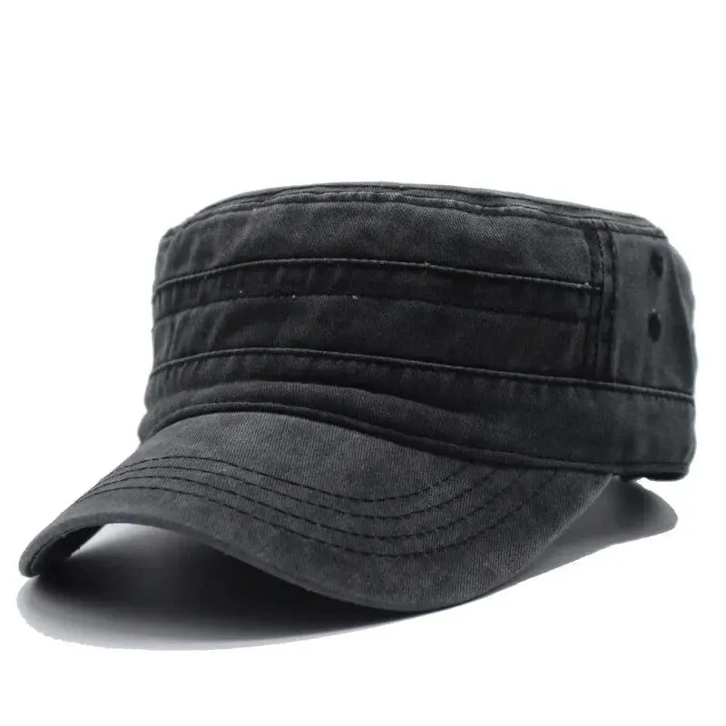 Black military-style cap on a white background