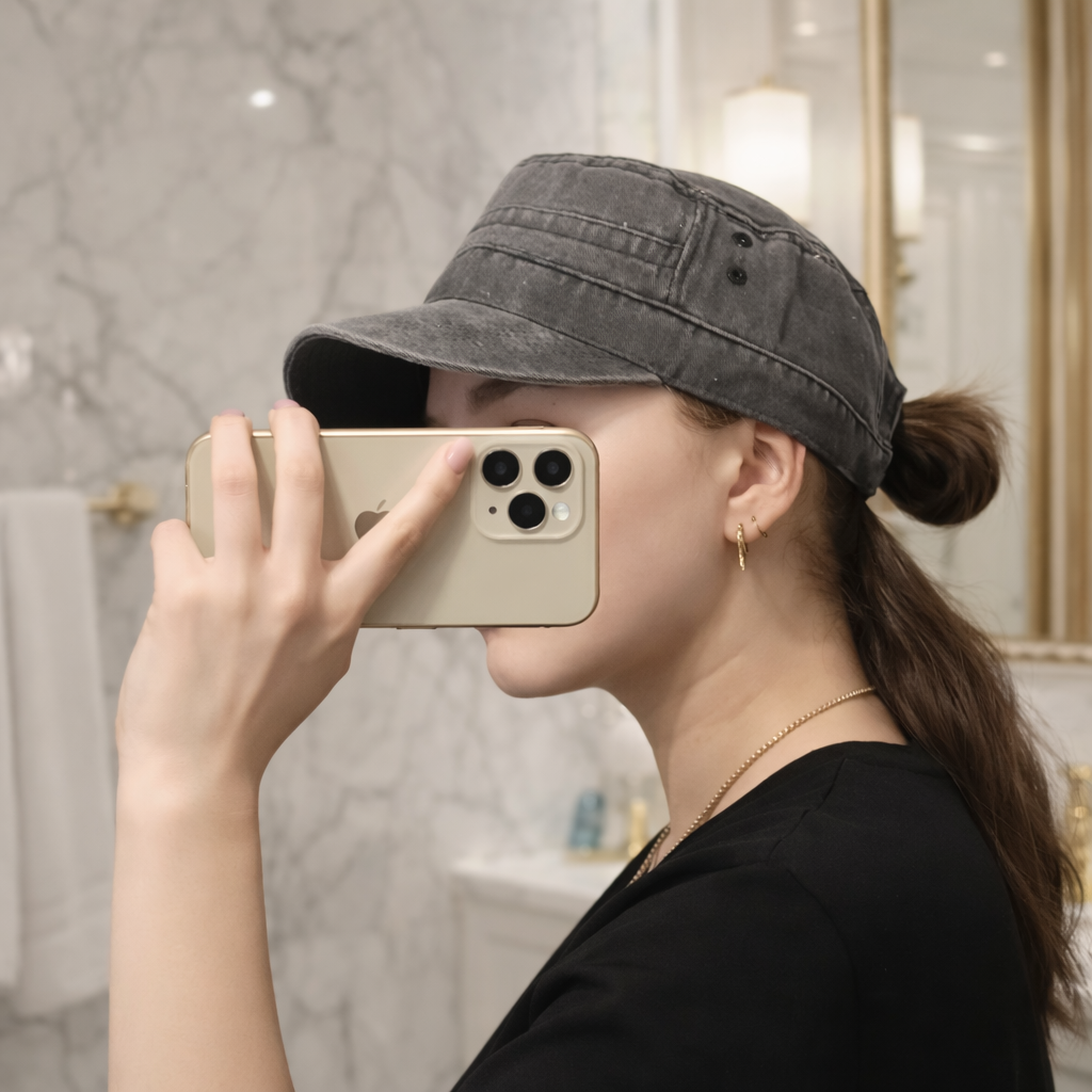 Person wearing a gray cap holding a phone in front of their face, with a blurred background.