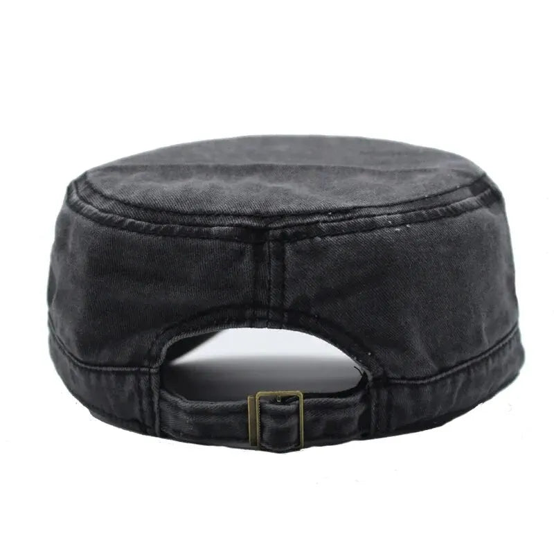 Black denim cap on a white background