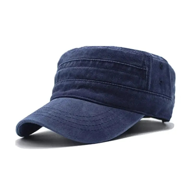 Blue military-style cap on a white background