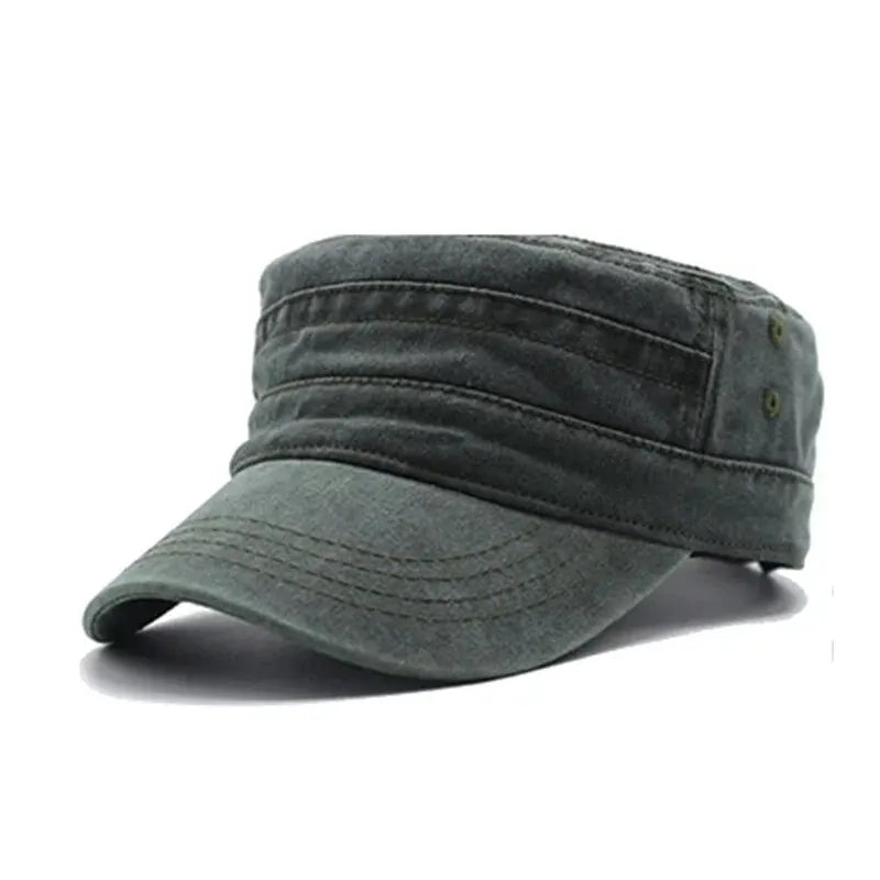 Green military-style cap on a white background