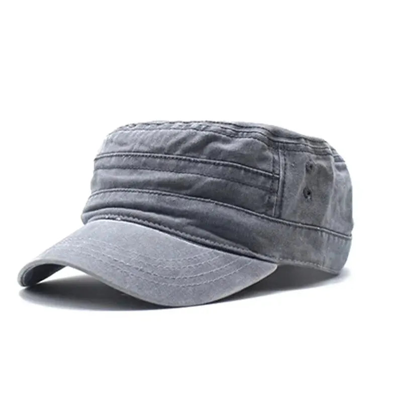 Gray military-style cap on a white background