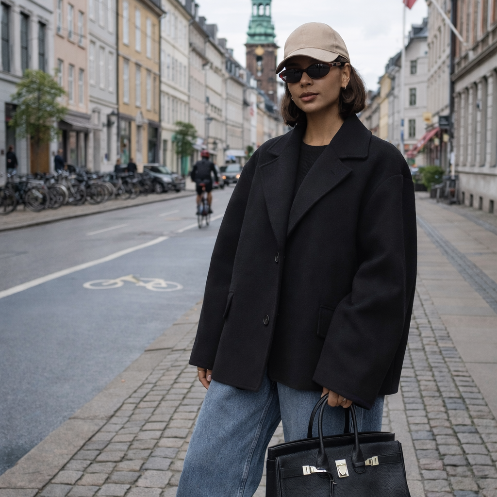 Person wearing a black coat and jeans, holding a black handbag on a city street.