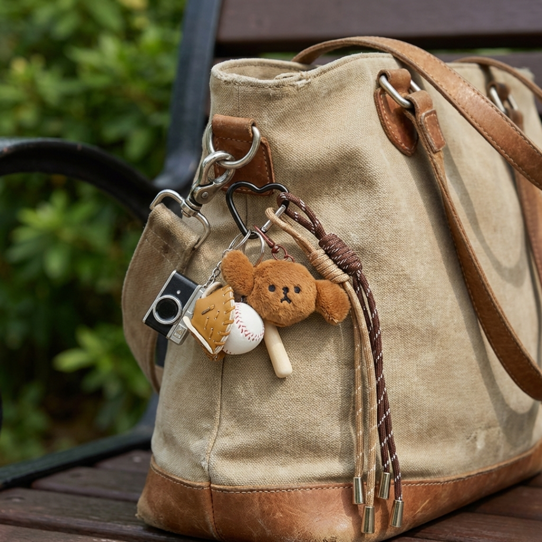 Beige handbag with teddy bear keychain on a wooden surface
