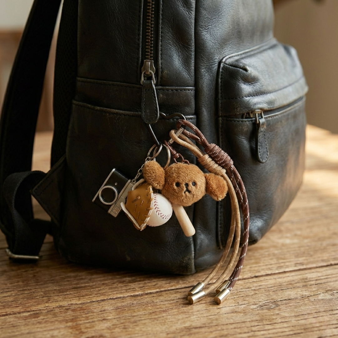 Black leather backpack with teddy bear keychain on a wooden surface