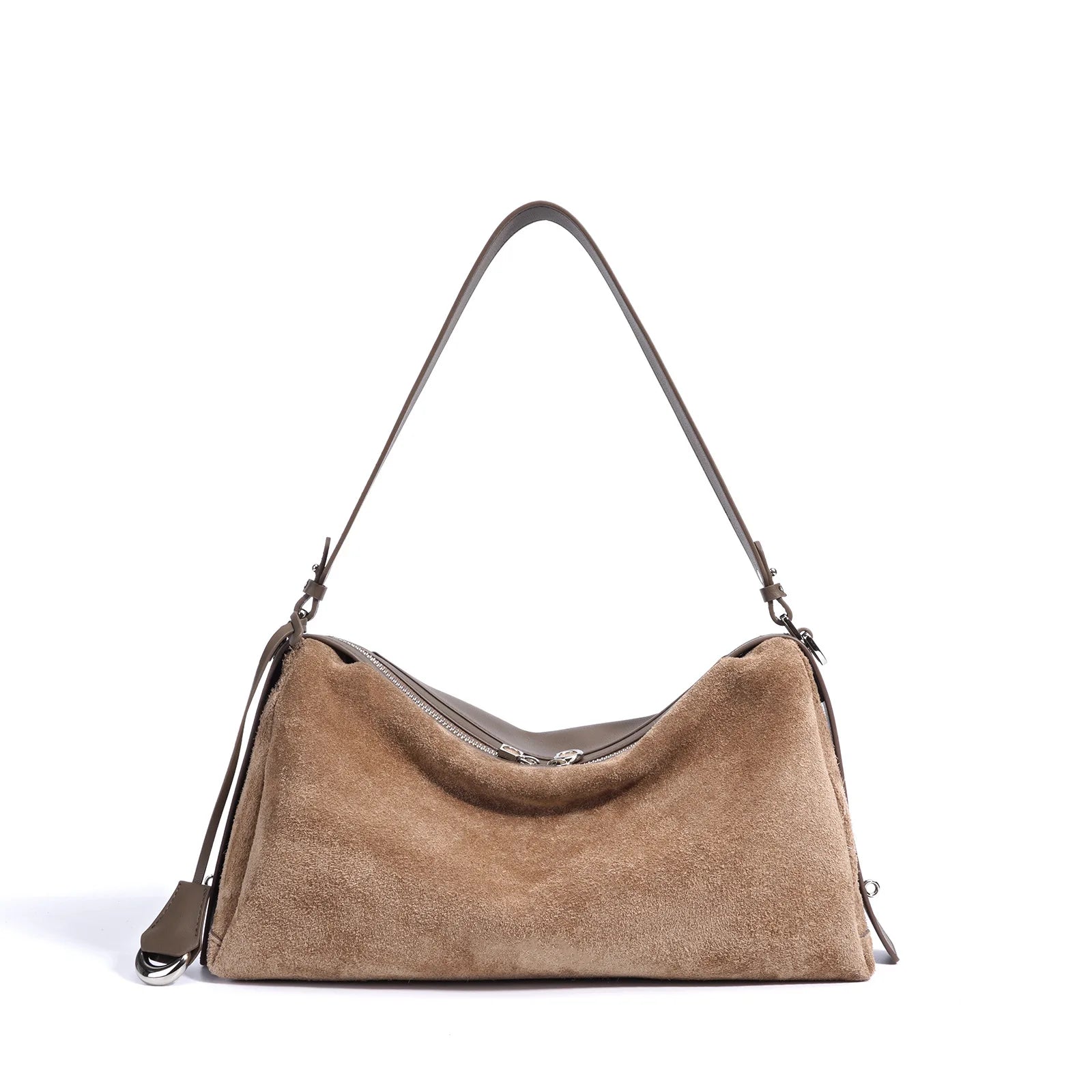 Brown handbag with a shoulder strap on a white background