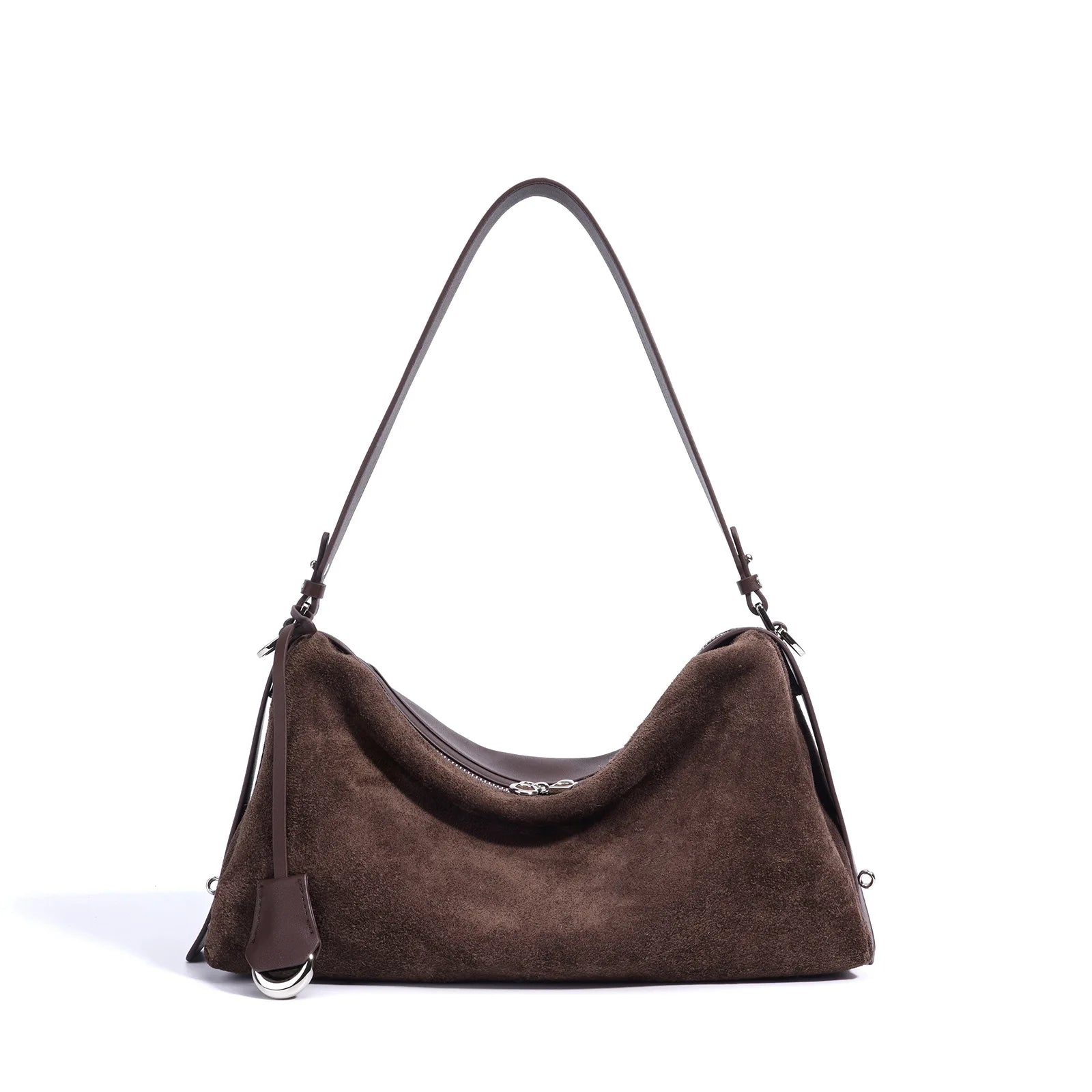 Brown Satchel handbag with a shoulder strap on a white background