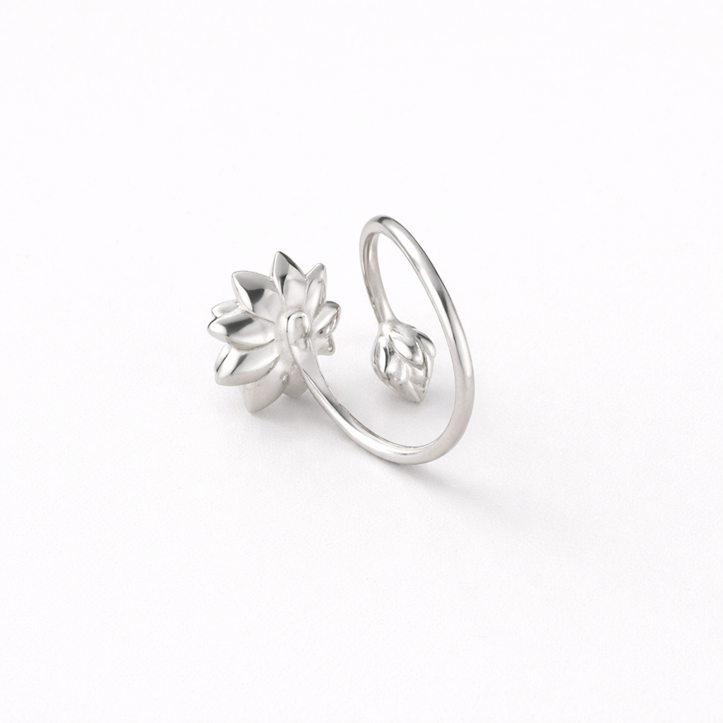Silver ring with floral design on a white background