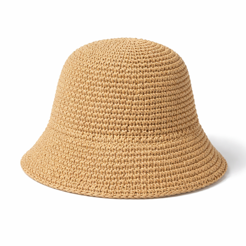 Khaki woven bucket hat on a white background