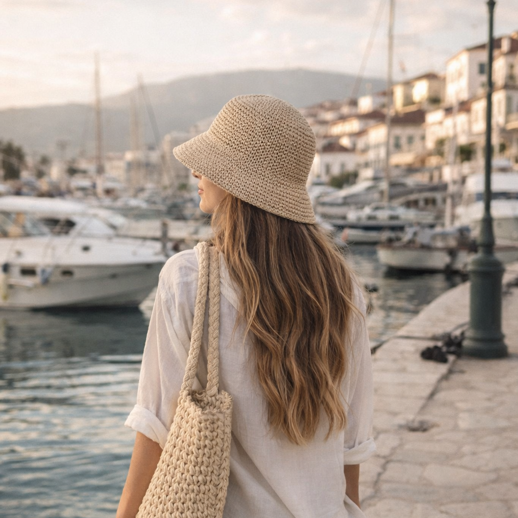 Woman with a straw hat and bag standing by a marina