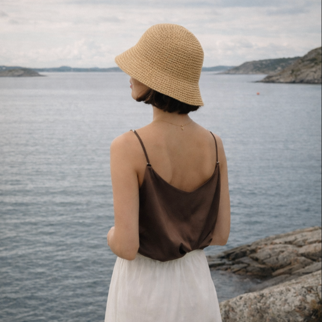 Person wearing a straw hat and white dress standing by a body of water.