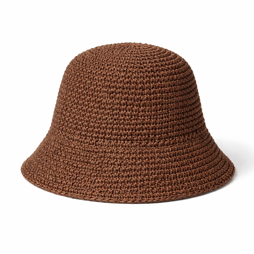 Brown woven bucket hat on a white background