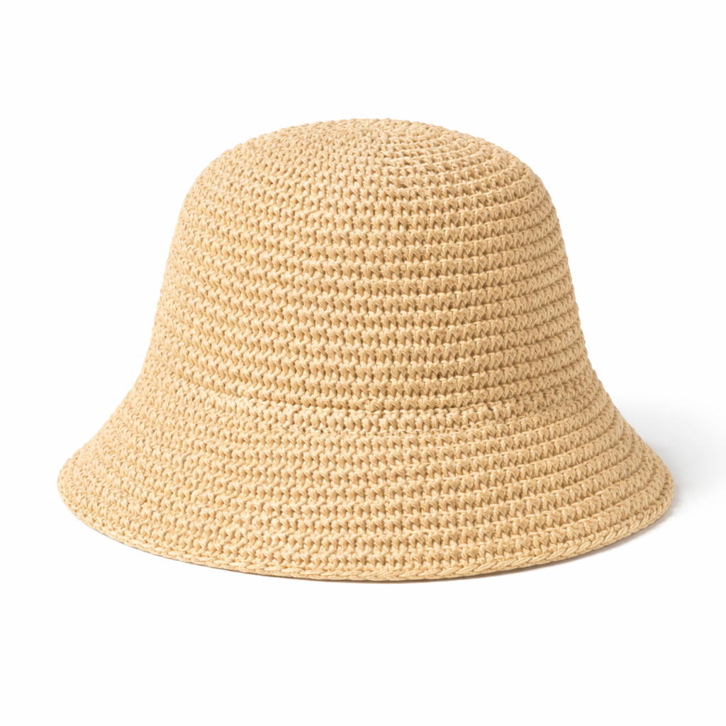 Beige woven bucket hat on a white background