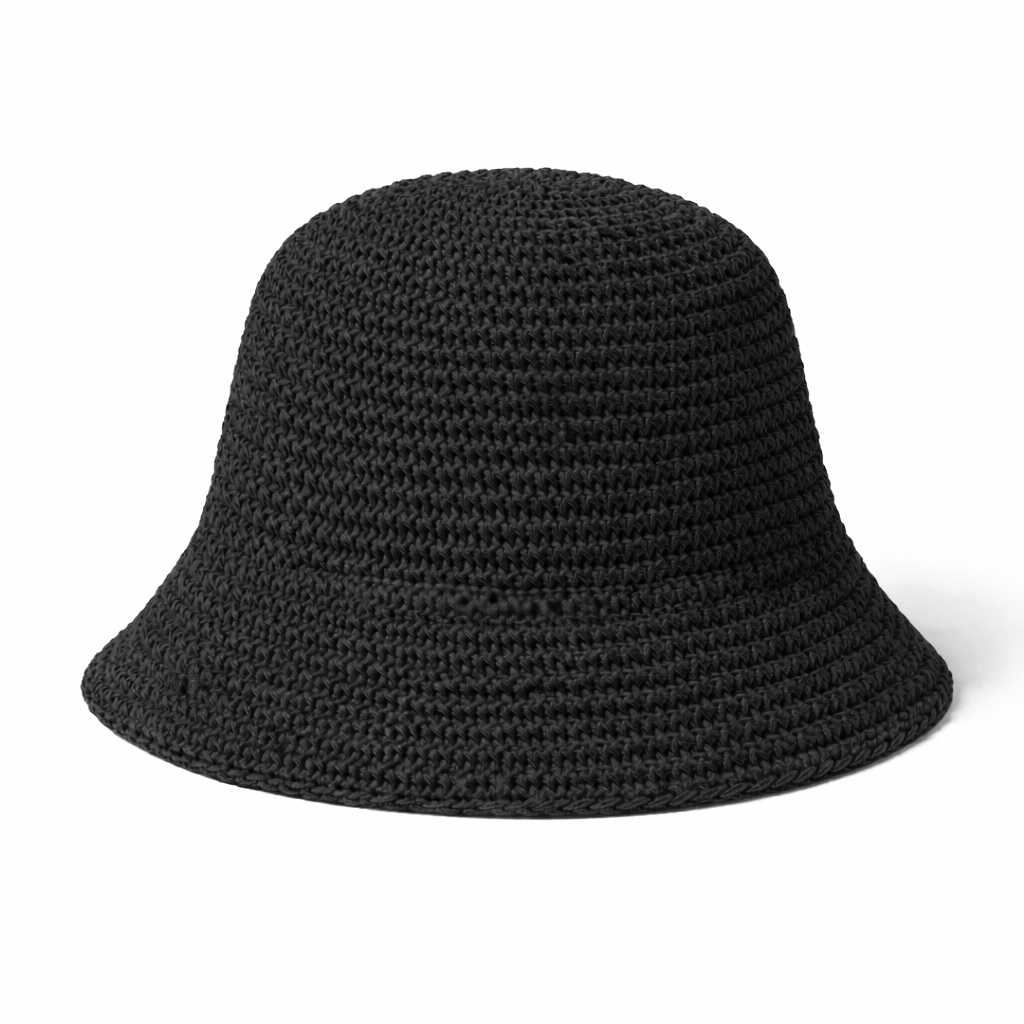 Black woven bucket hat on a white background