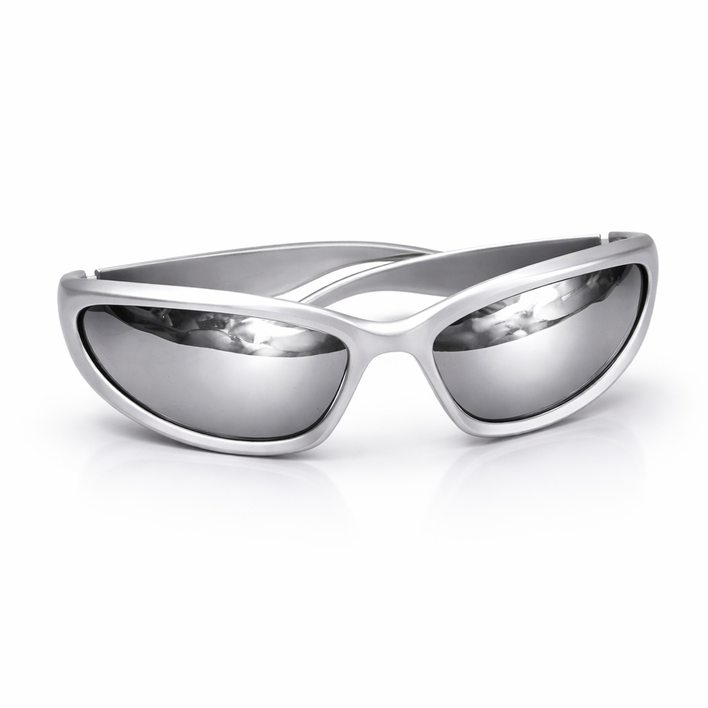 Silver sunglasses with reflective lenses on a white background