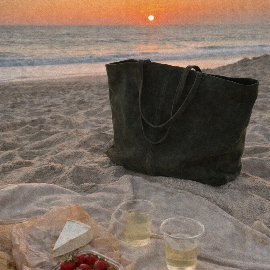 Black bag on a beach with a sunset, picnic items, and a blanket.