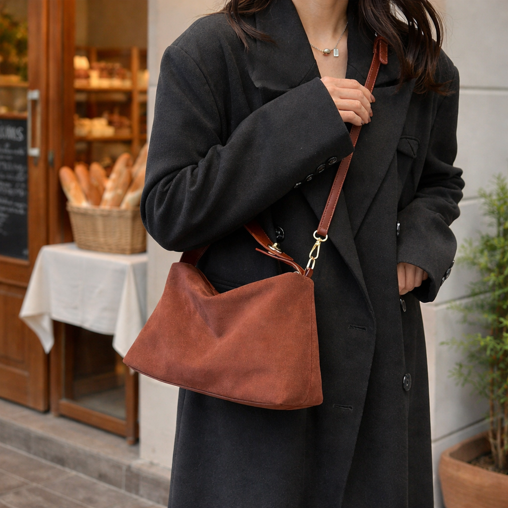 Person wearing a black coat holding a brown leather bag in front of a store.