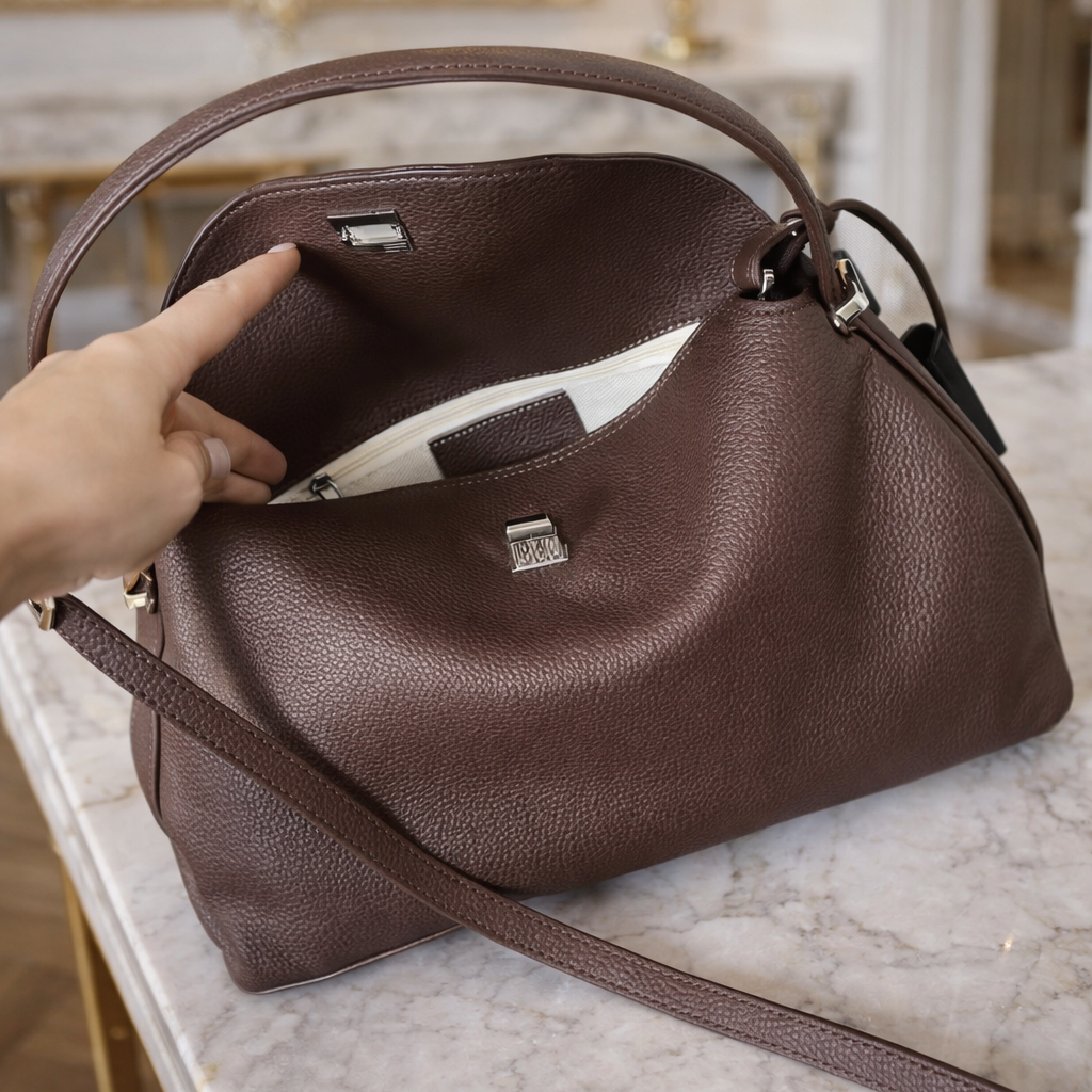 Brown leather handbag on a marble surface with a hand pointing to it.