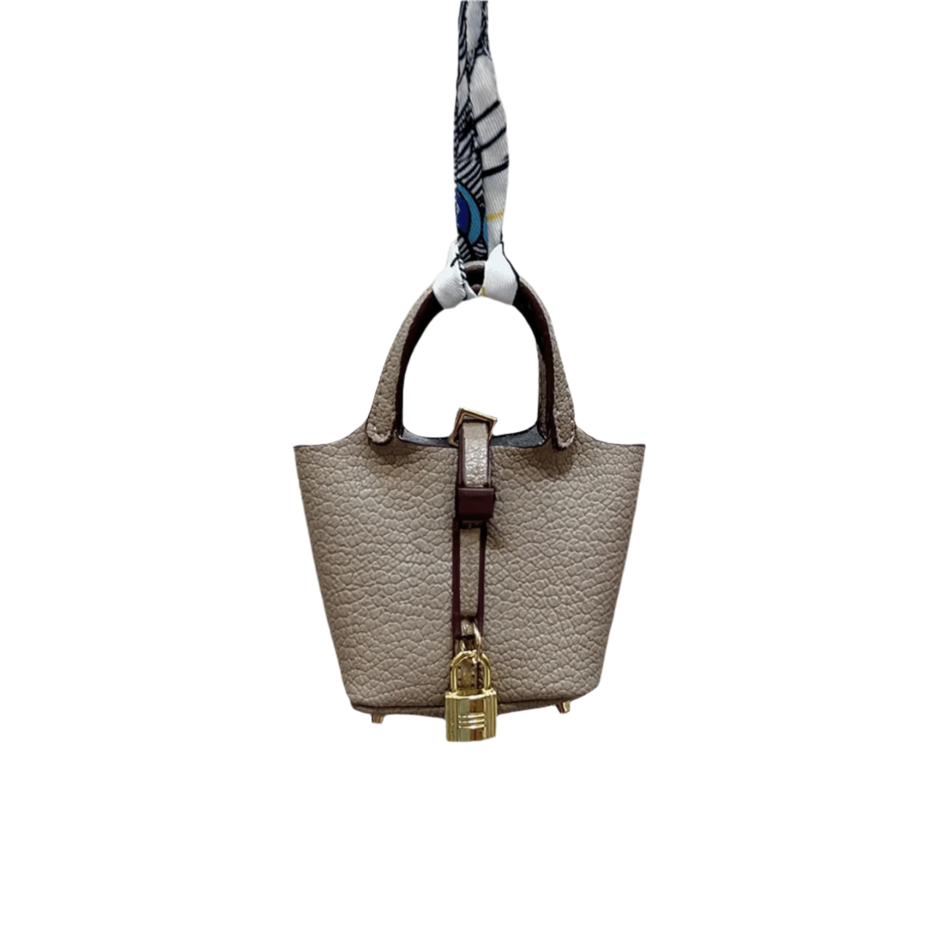 Khaki leather mini bucket bag charm with gold padlock detail, structured sides, and open-top storage functionality.