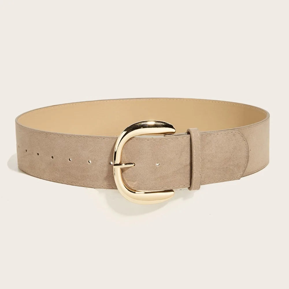 Beige belt with a gold buckle on a light beige background