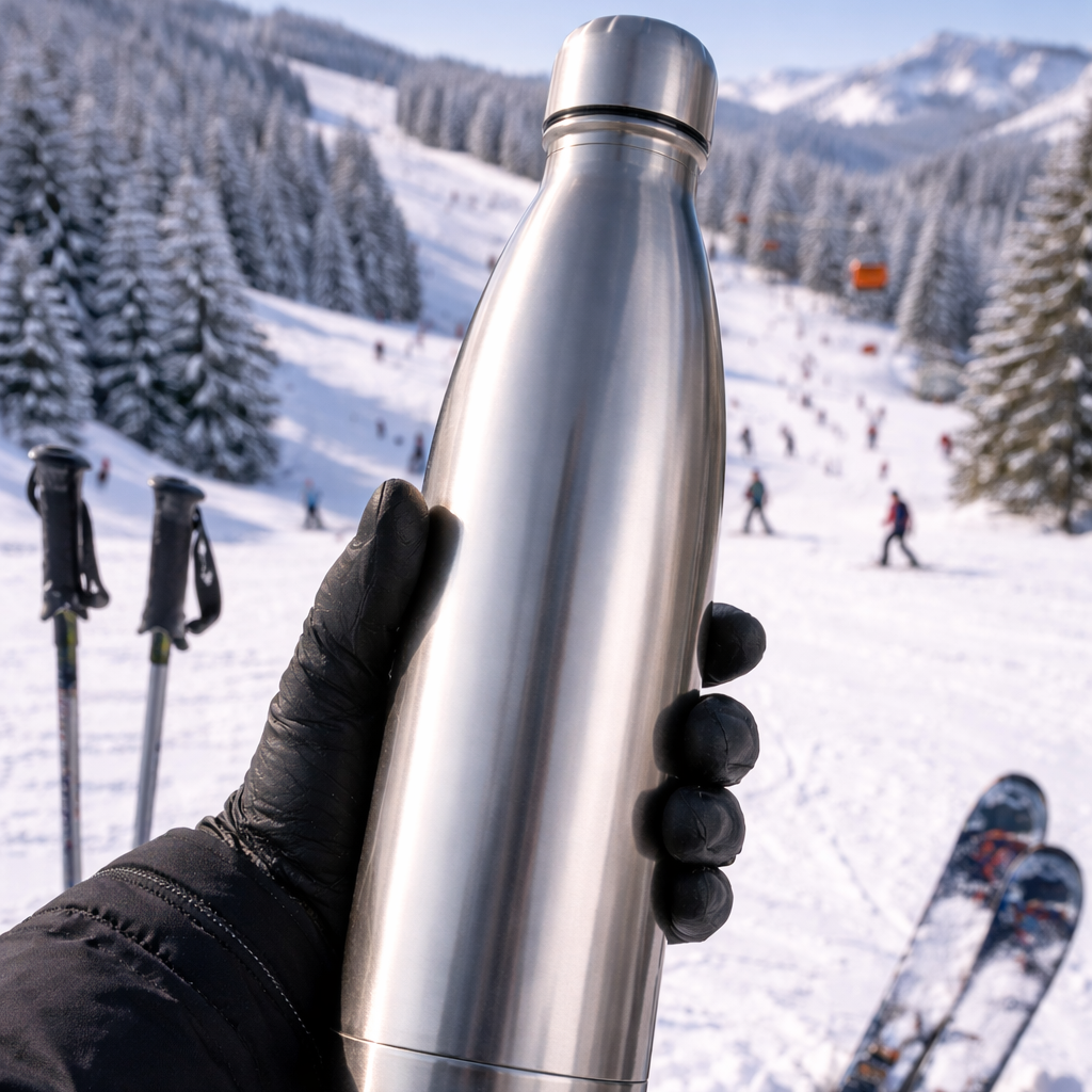 Person holding a stainless steel water bottle with skis and a snowy landscape in the background