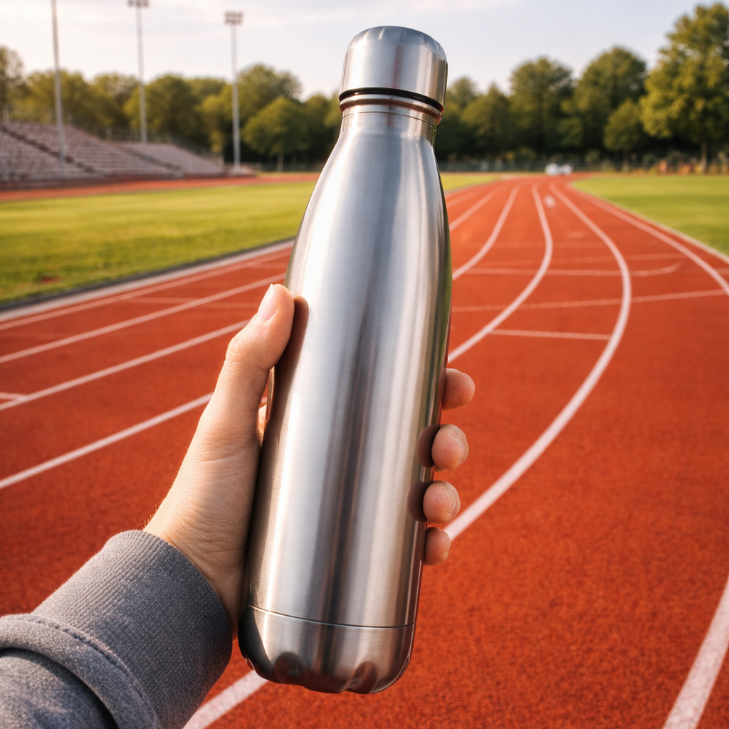 Person holding a silver water bottle on a running track with green grass and trees in the background.