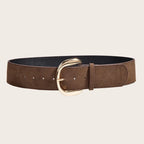 Brown belt with a gold buckle on a beige background