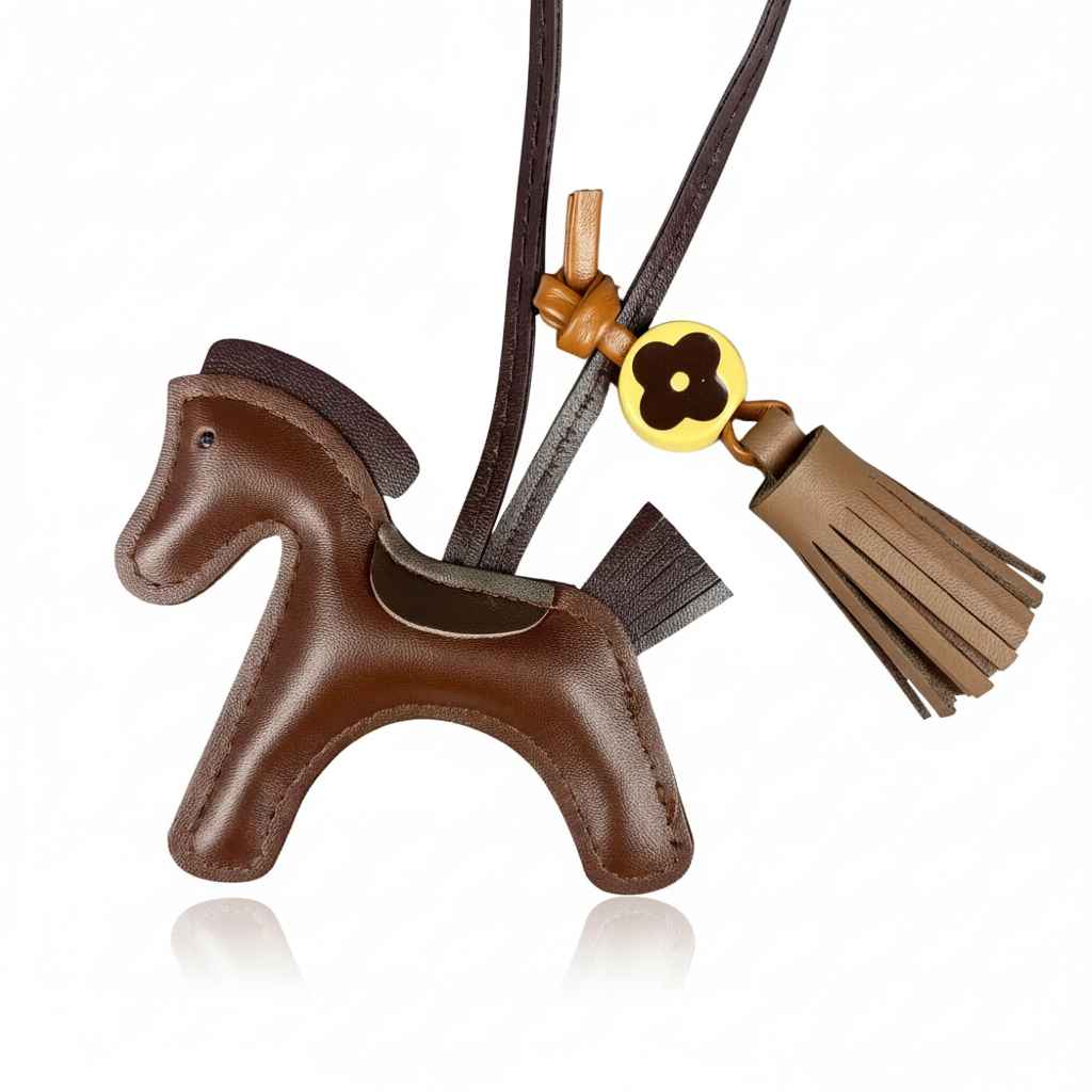 Brown horse-shaped keychain with decorative elements on a white background