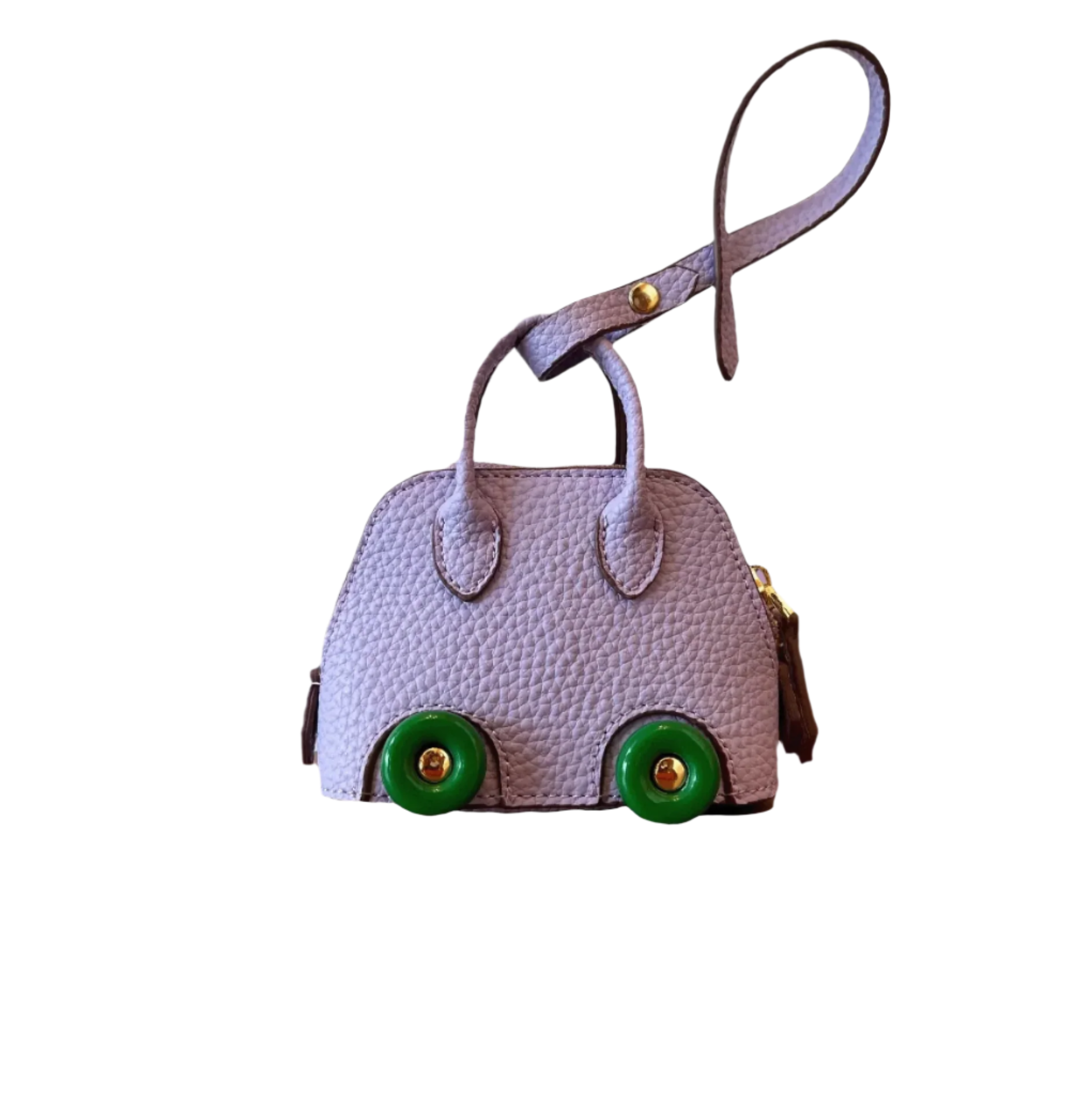 Lavender leather car shape bag charm with green wheels and top handle. Handbag accessory and keychain.