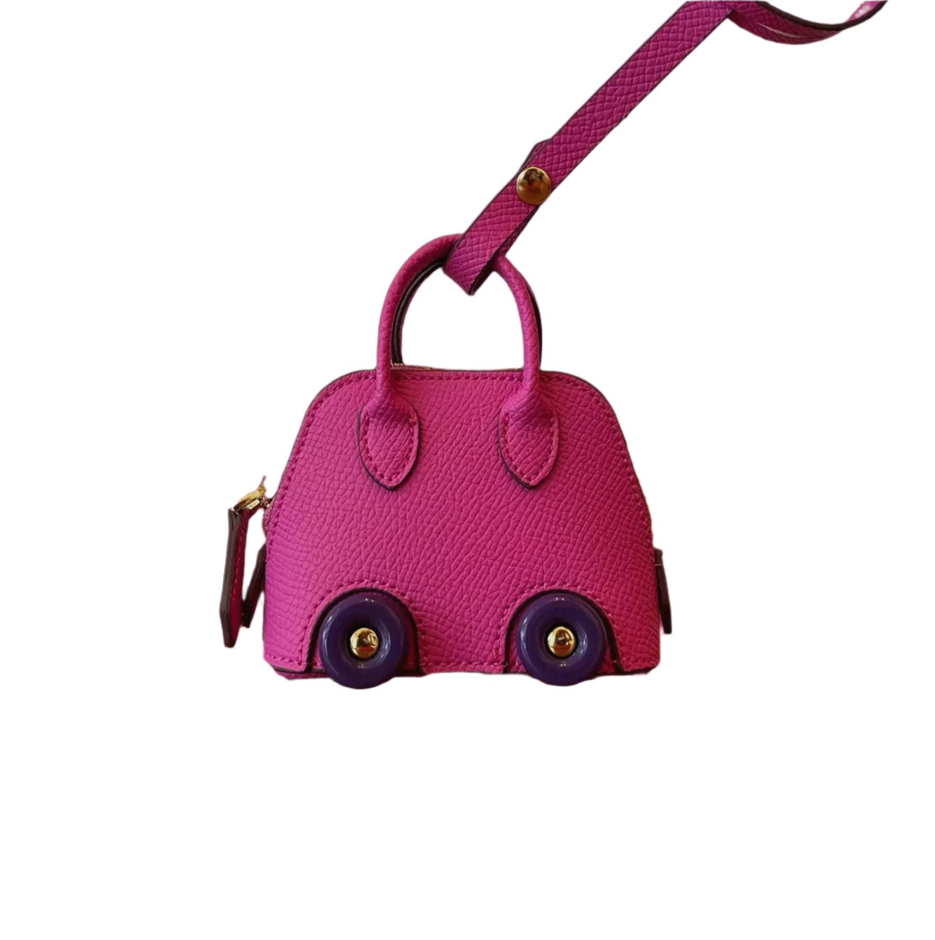 Magenta leather car shape bag charm with purple wheels and top handle. Handbag accessory and keychain.