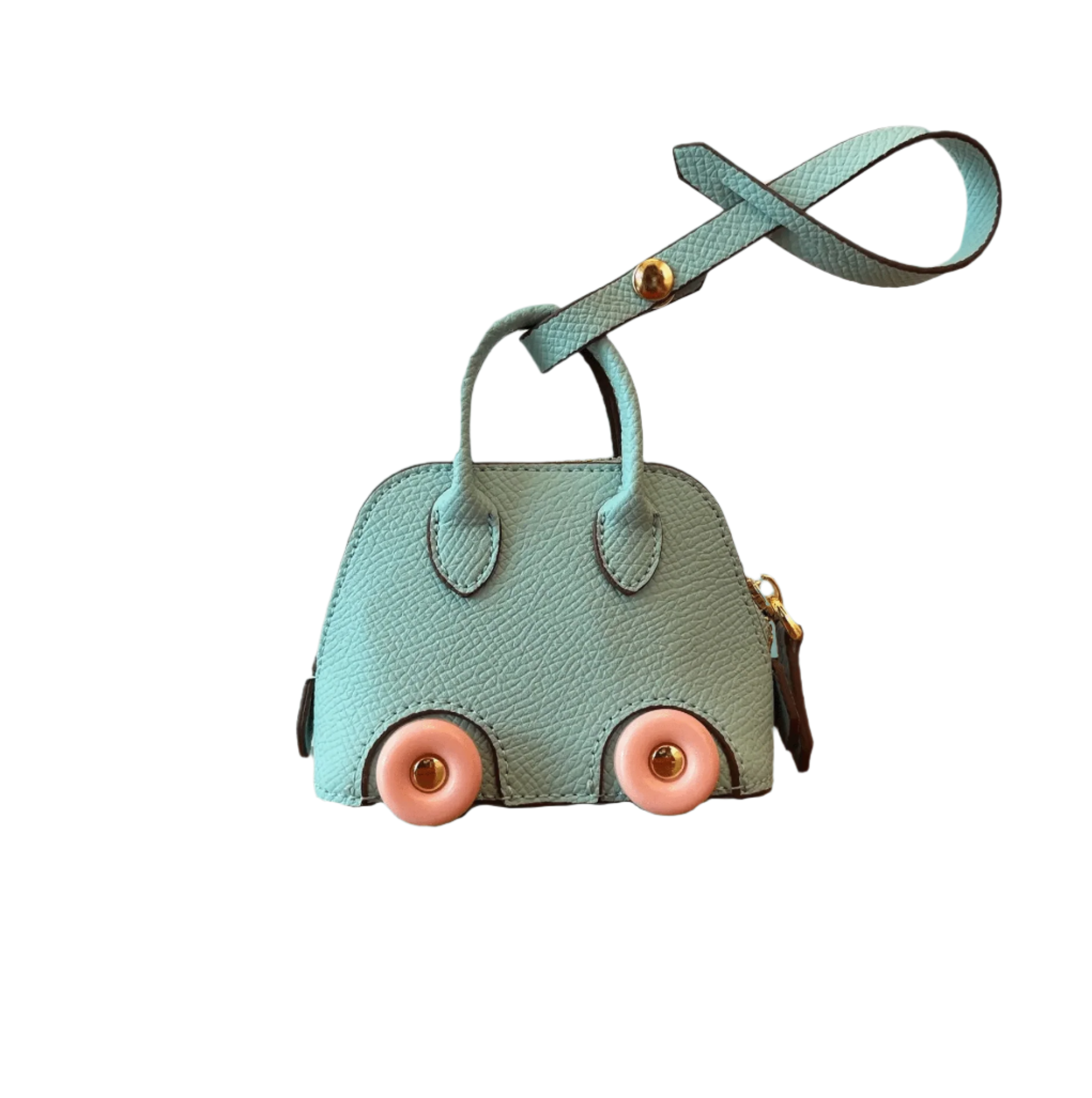 Teal leather car shape bag charm with pink wheels and top handle. Handbag accessory and keychain.