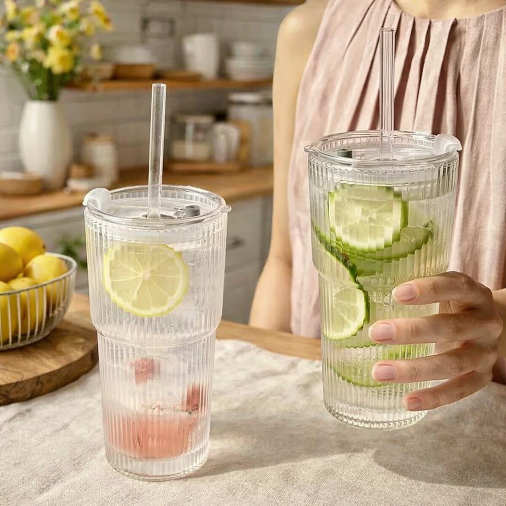 Two clear tumblers with drinks, one with lemon slices and the other with lime slices, held by a person in a kitchen.