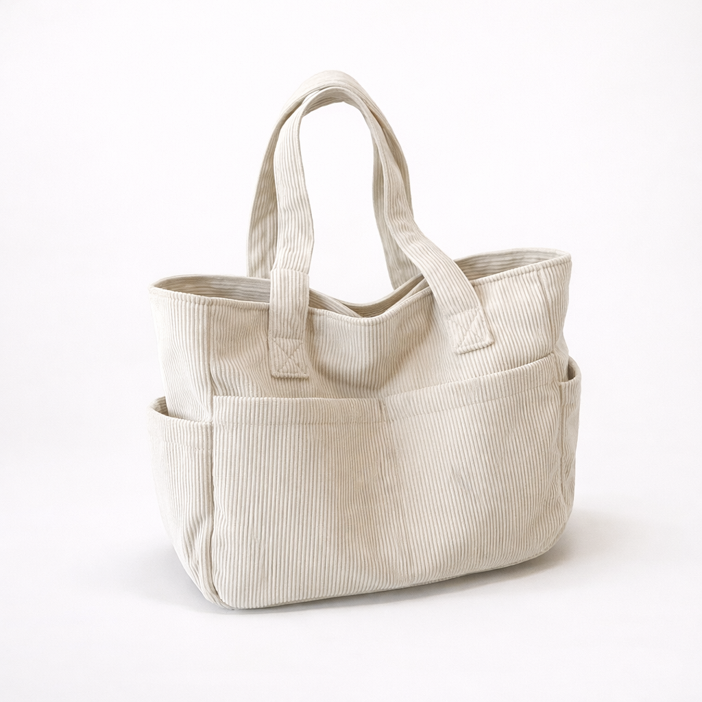 Beige tote bag with multiple pockets on a white background