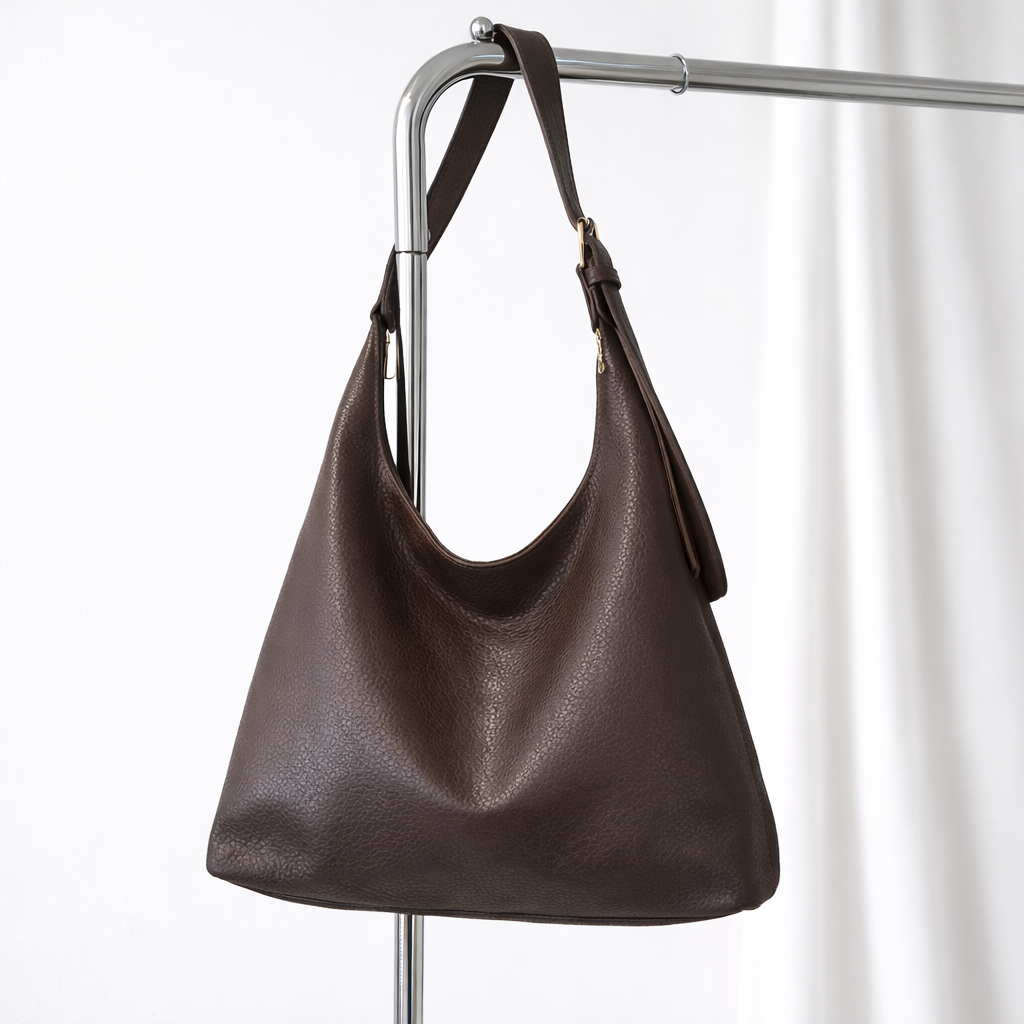 dark brown vegan leather tote bag in studio