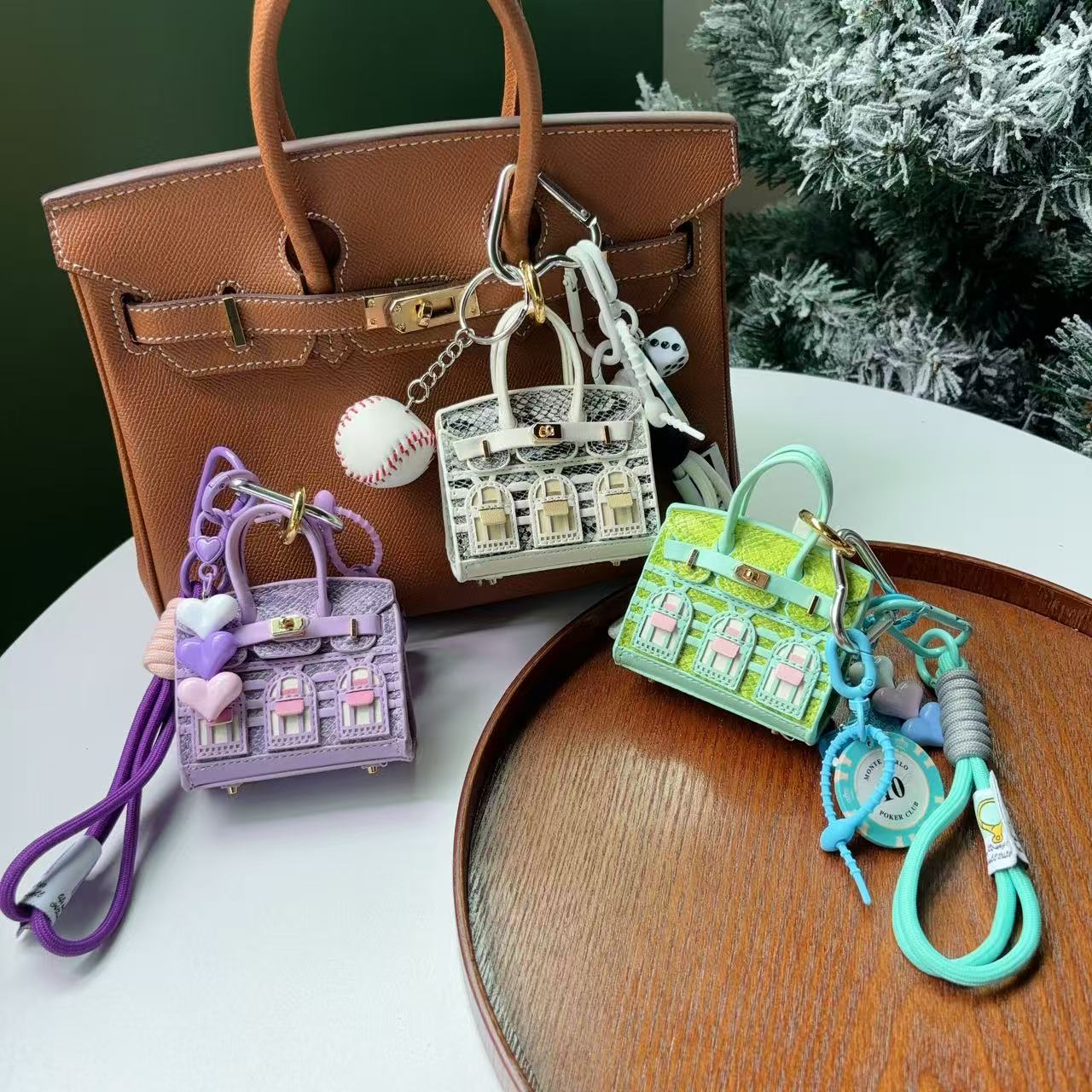 Snakeskin Leather House Mini Bag Charm With Keychain