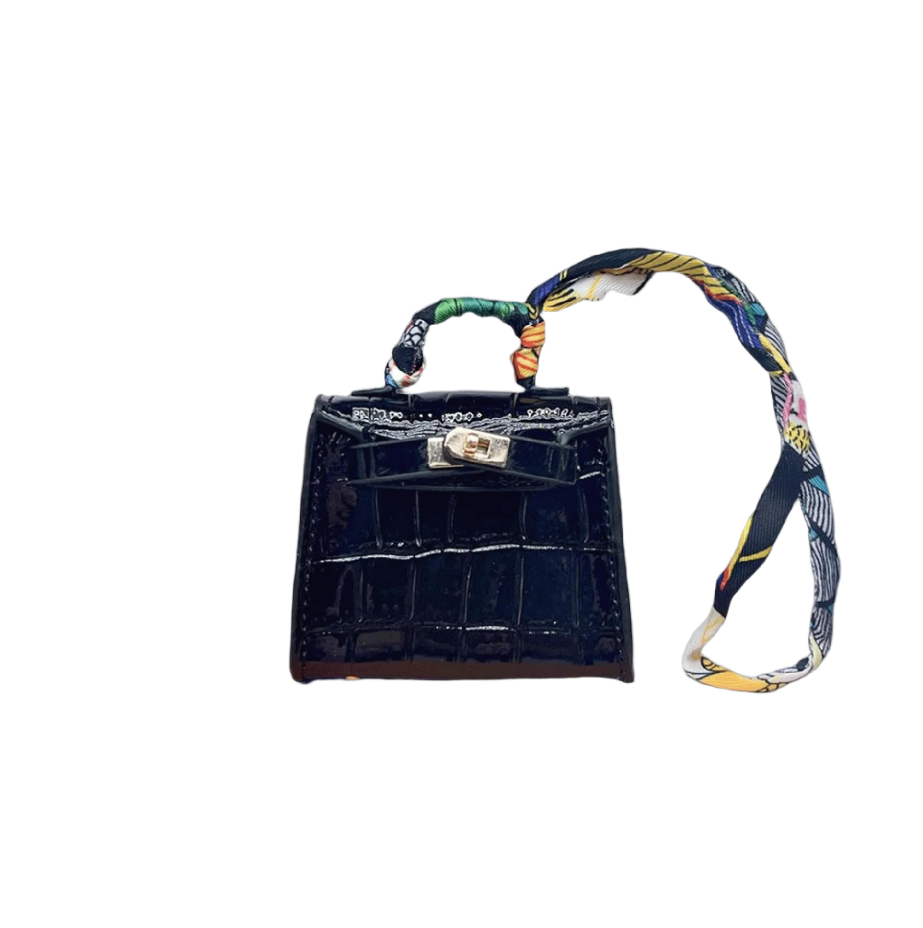Glossy black croc embossed mini bag charm with gold-tone twist-lock closure and structured top handle.