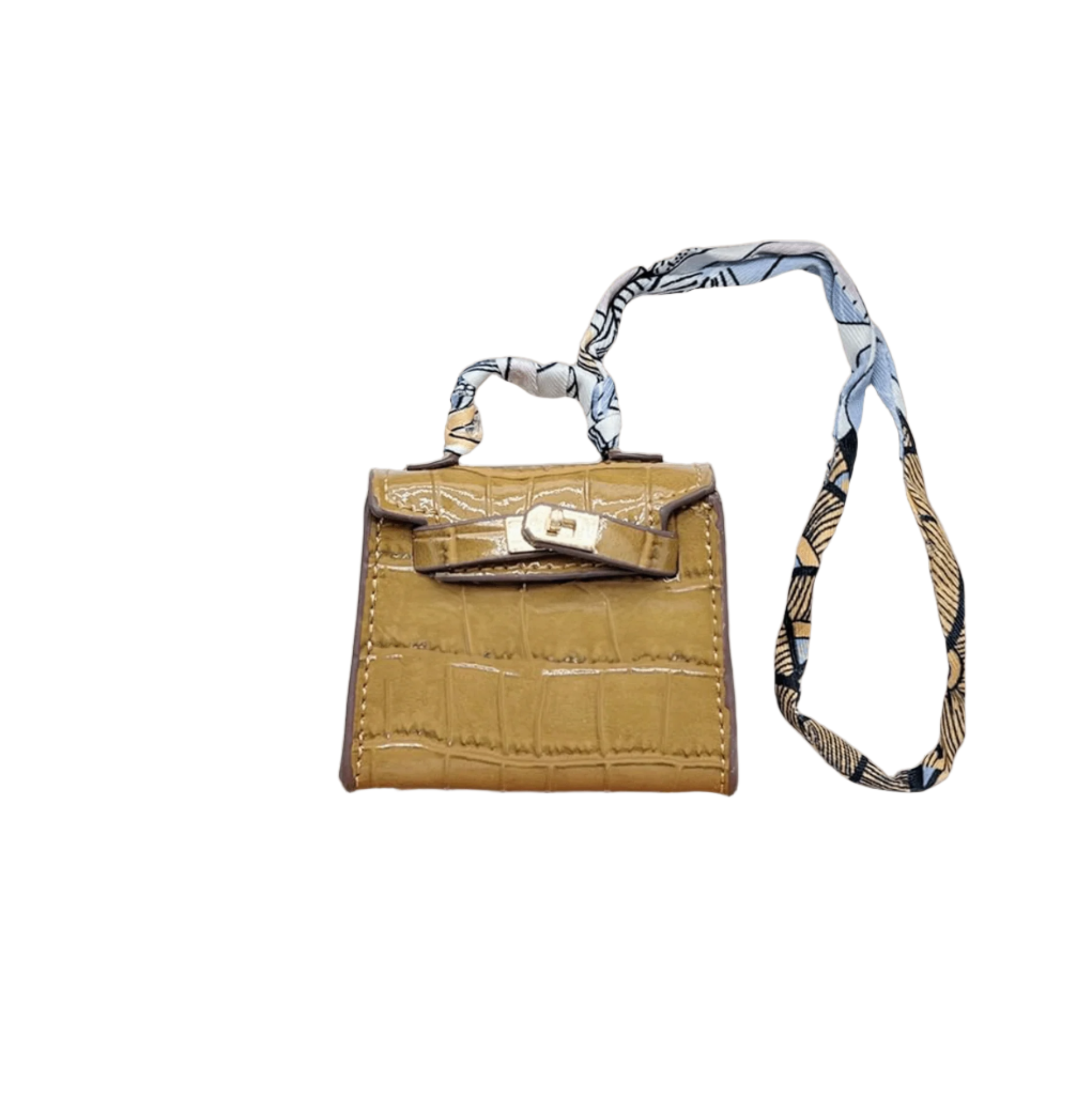 Glossy khaki croc embossed mini bag charm with gold-tone twist-lock closure and structured top handle.