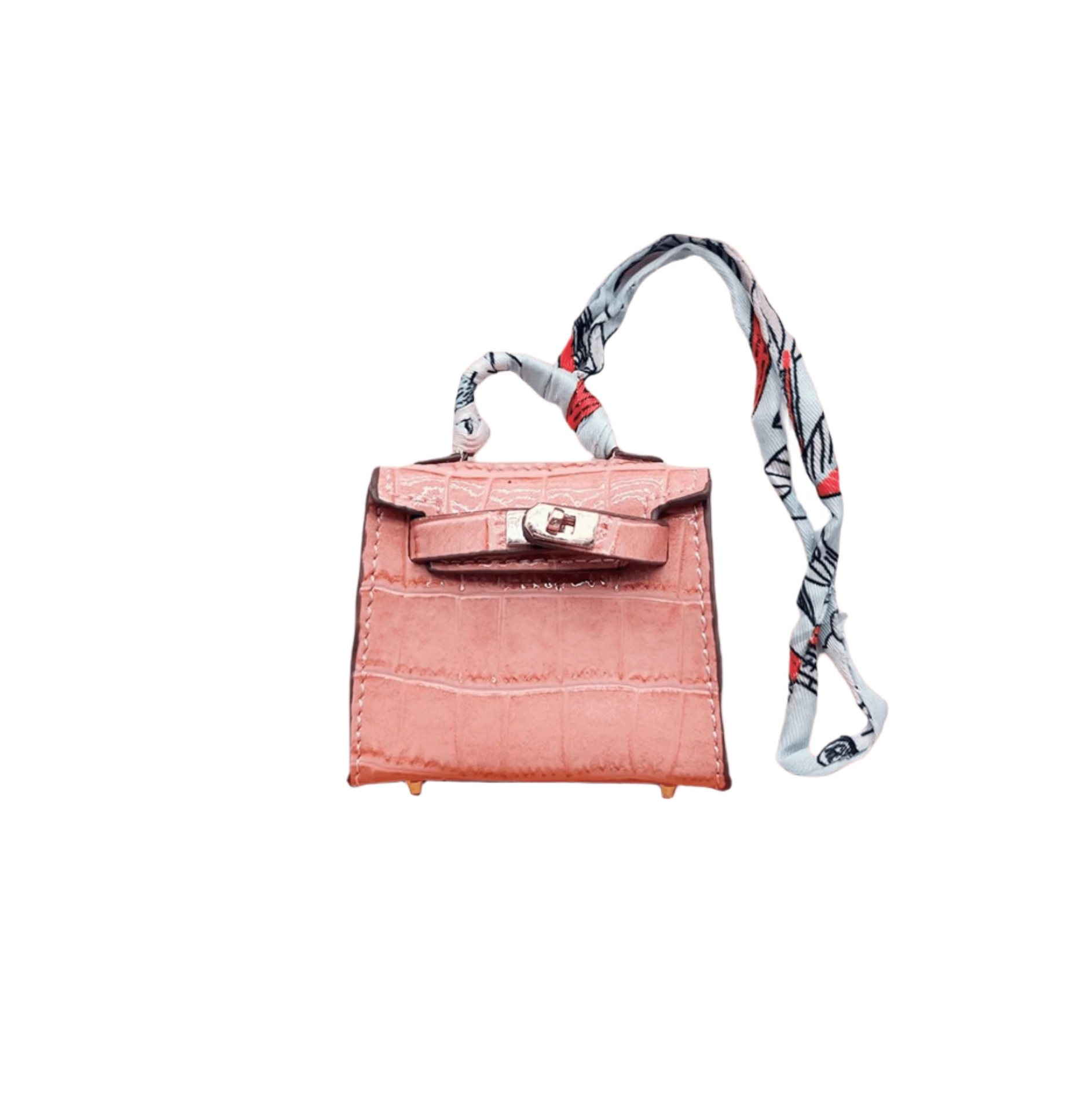 Glossy pink croc embossed mini bag charm with gold-tone twist-lock closure and structured top handle.
