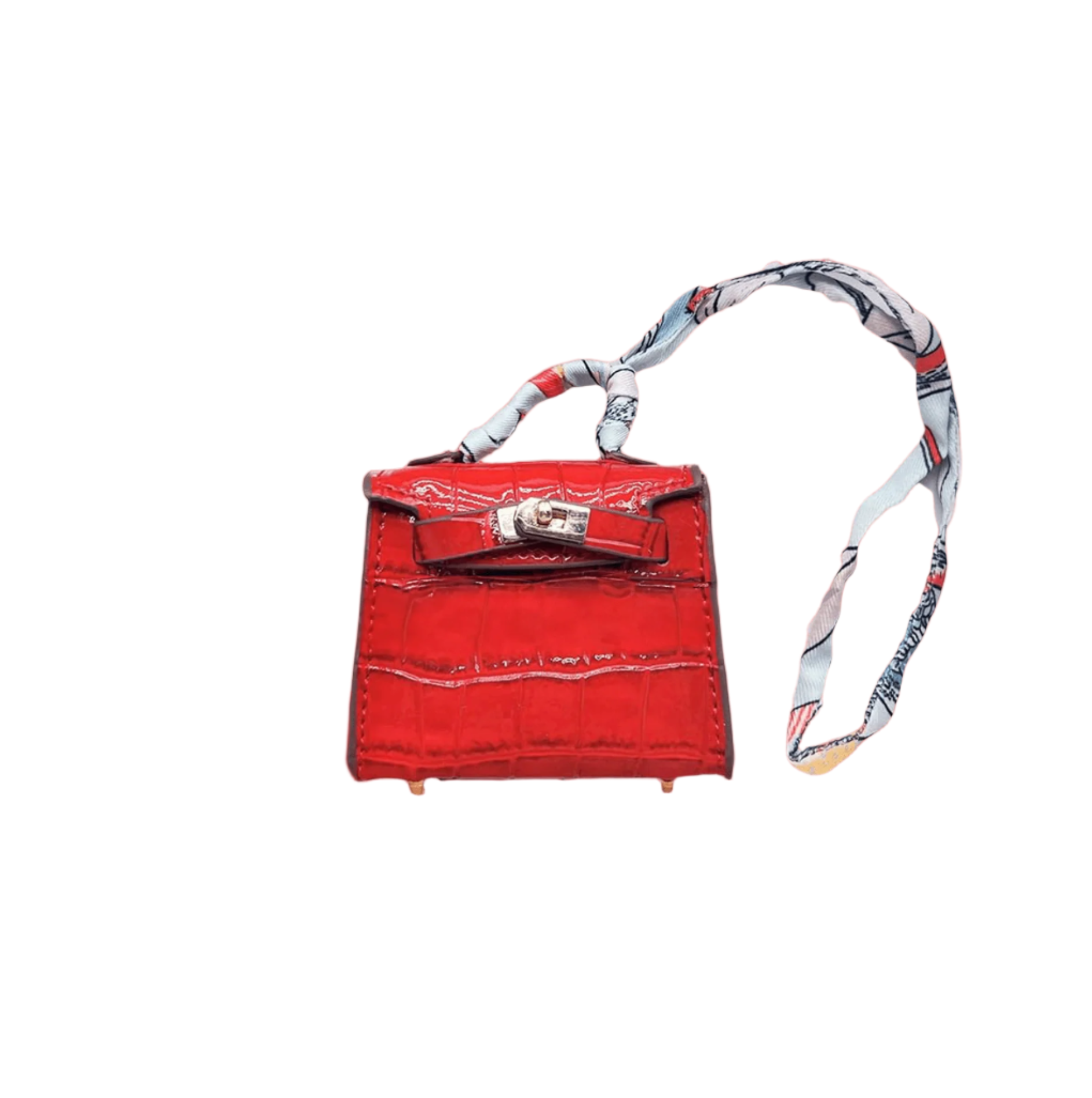 Glossy red croc embossed mini bag charm with gold-tone twist-lock closure and structured top handle.
